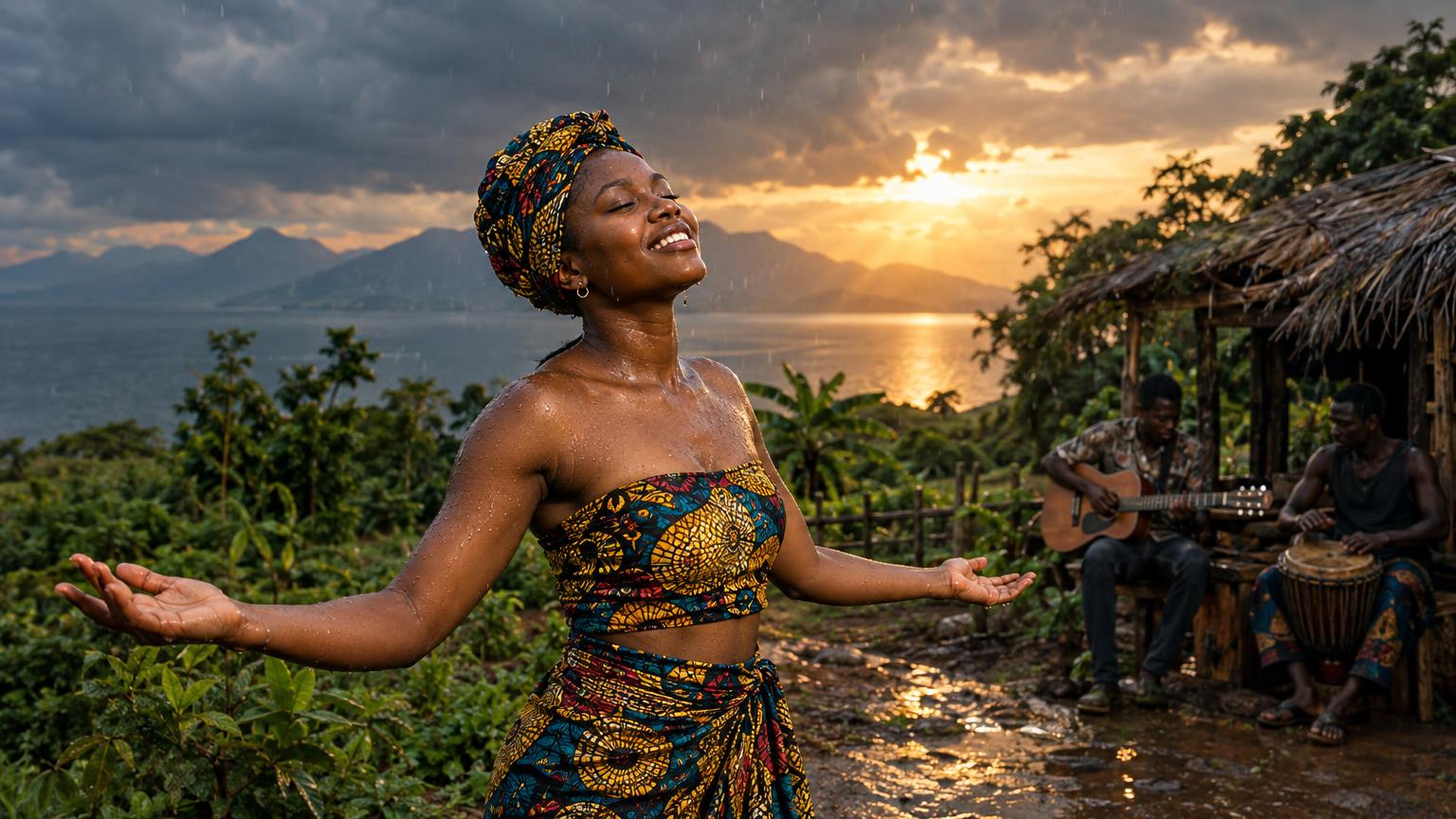 Rain-soaked Malawi field at golden hour with an acoustic guitar and soft reflections, evoking gentle renewal and organic groove.