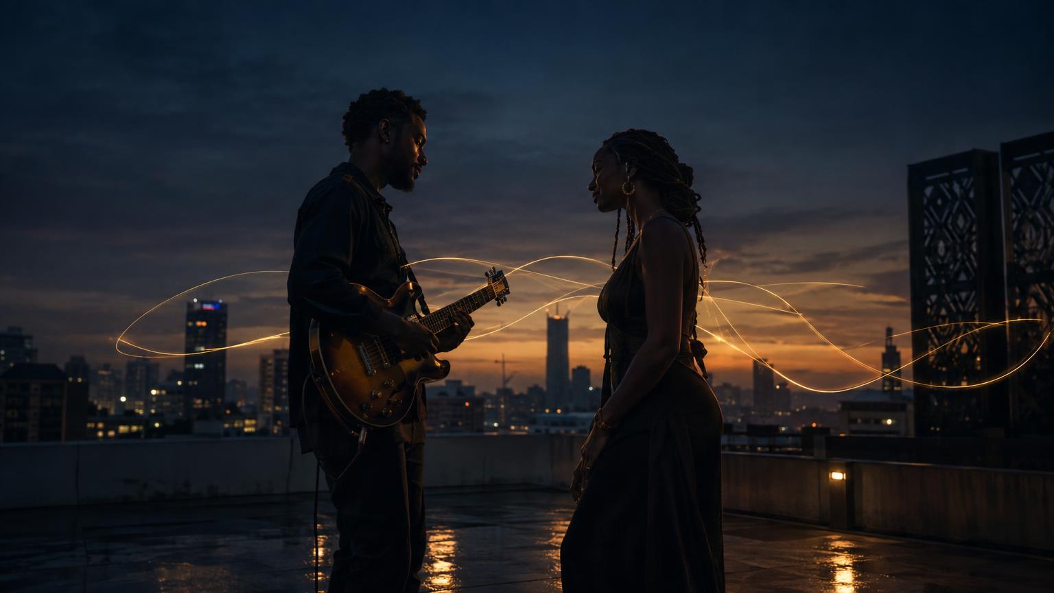 Two silhouetted lovers on a rooftop before dawn, connected by glowing guitar strings against an indigo sky with a faint golden horizon.